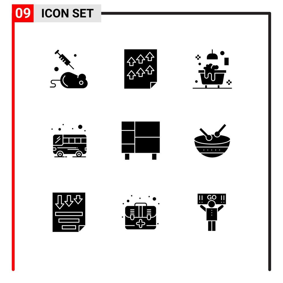 Universal Icon Symbols Group of 9 Modern Solid Glyphs of home transport report public shower Editable Vector Design Elements