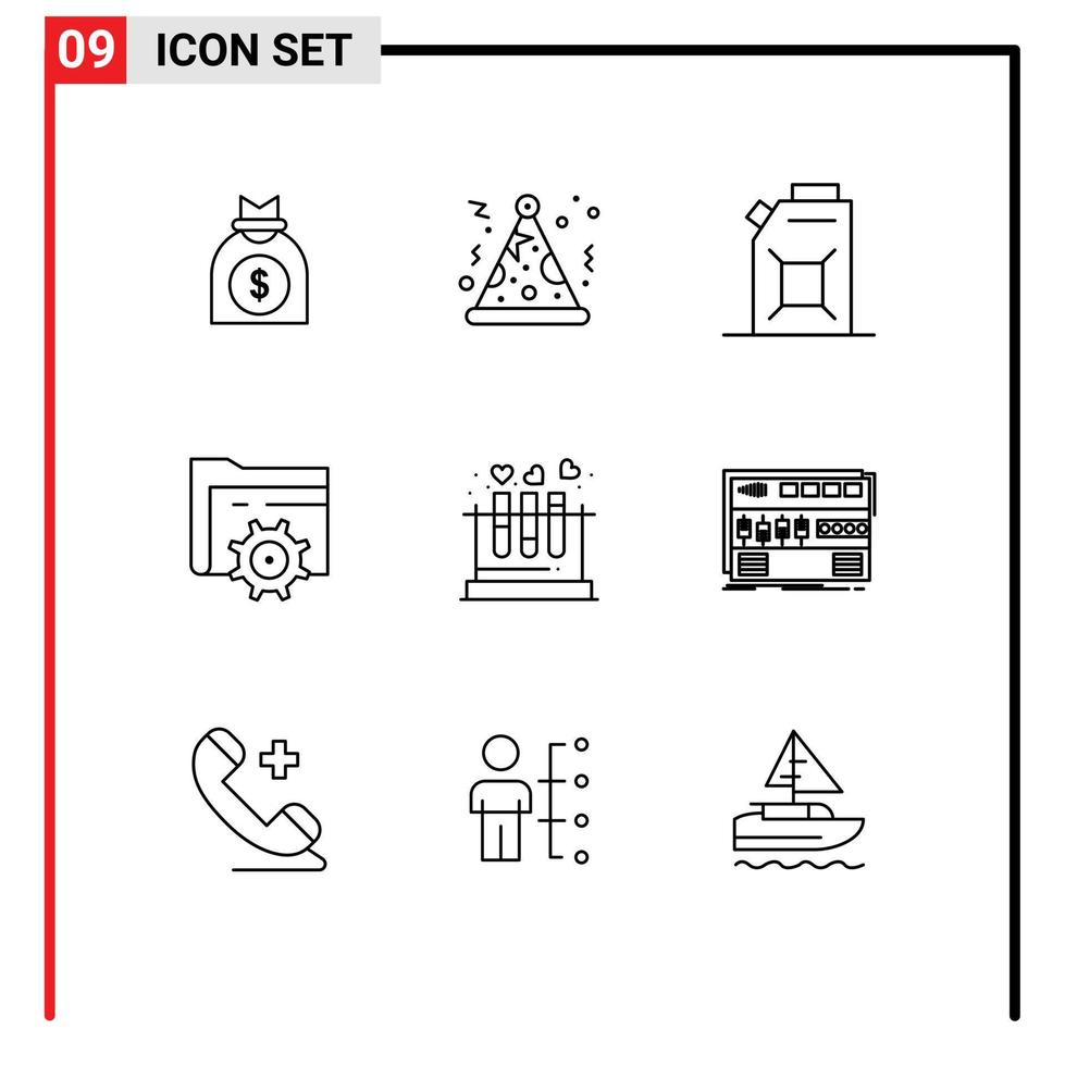 Set of 9 Modern UI Icons Symbols Signs for heart lab fuel tube gear Editable Vector Design Elements