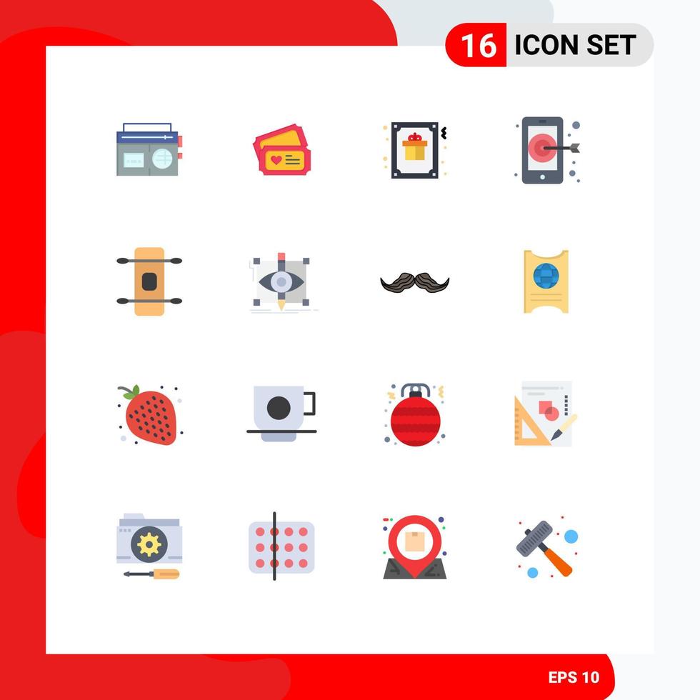 Mobile Interface Flat Color Set of 16 Pictograms of skateboard smartphone card target greeting Editable Pack of Creative Vector Design Elements
