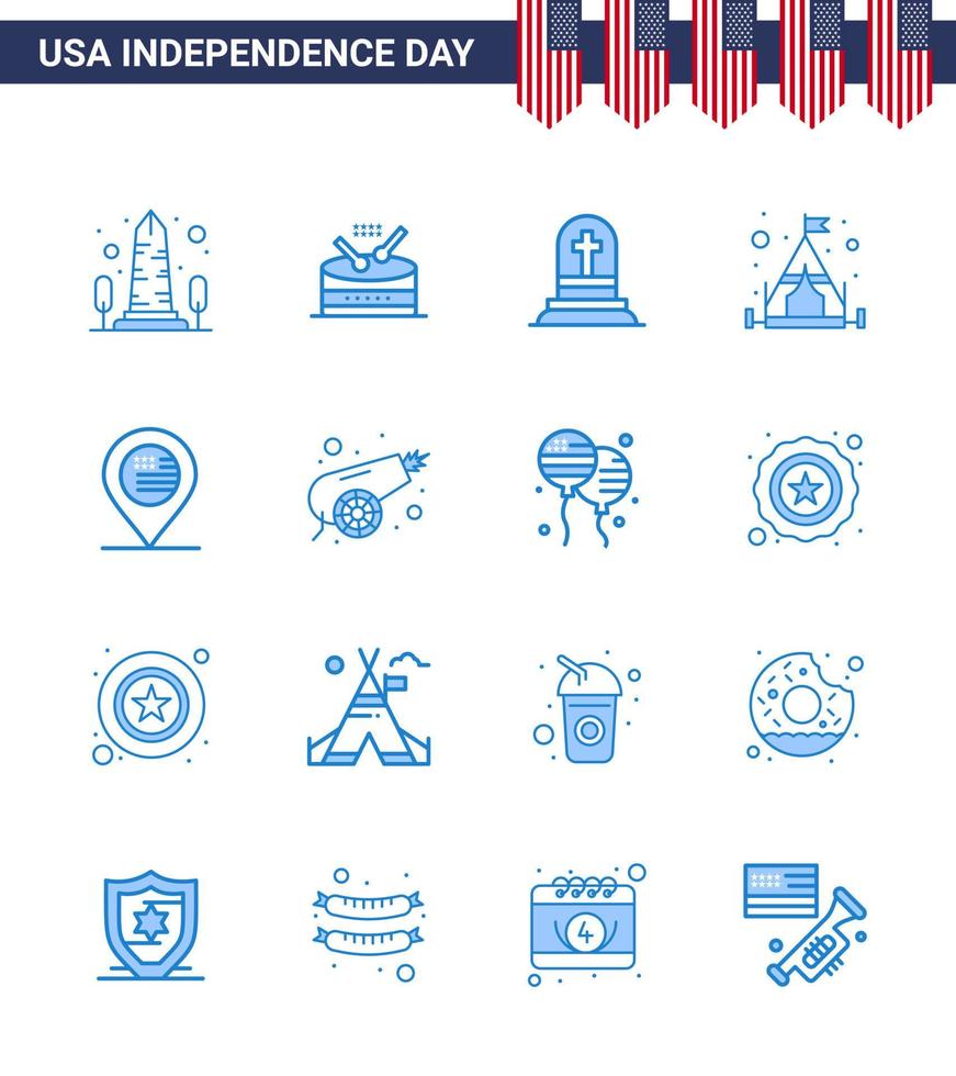 Pack of 16 creative USA Independence Day related Blues of location tent parade camping rip Editable USA Day Vector Design Elements