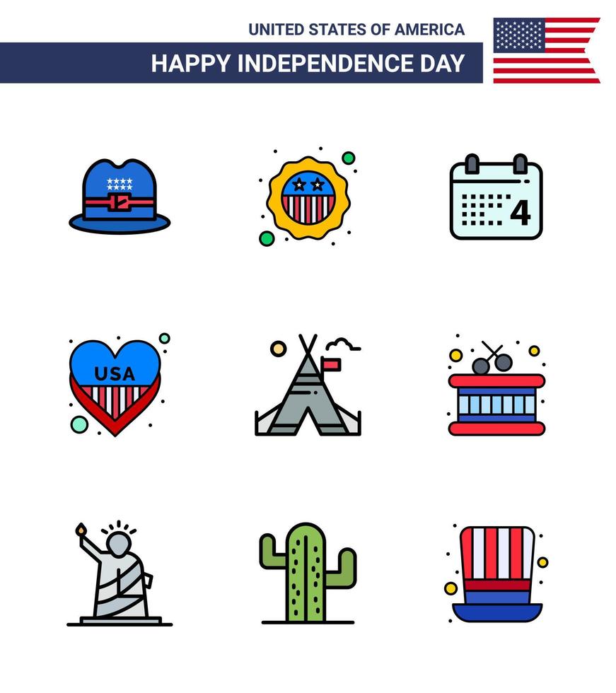 4th July USA Happy Independence Day Icon Symbols Group of 9 Modern Flat Filled Lines of camp tent free day usa heart Editable USA Day Vector Design Elements