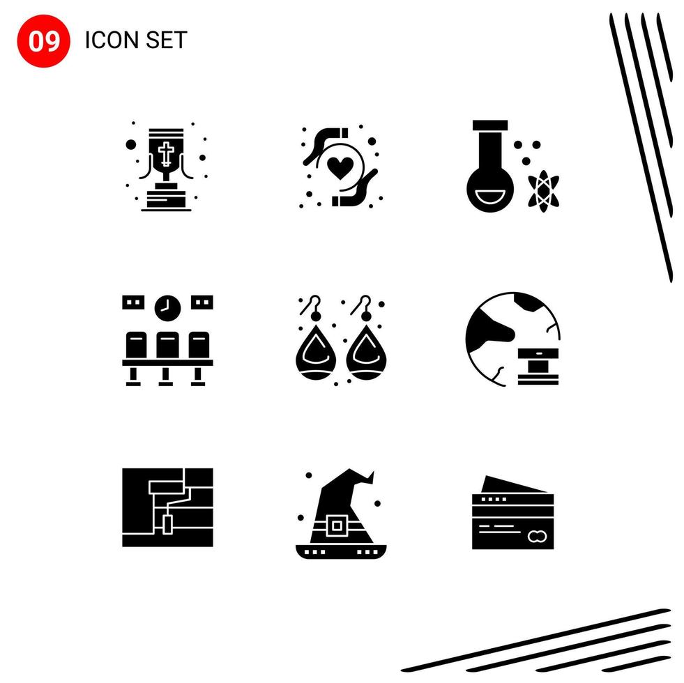 Set of 9 Commercial Solid Glyphs pack for jewelry earplugs potion clock train Editable Vector Design Elements