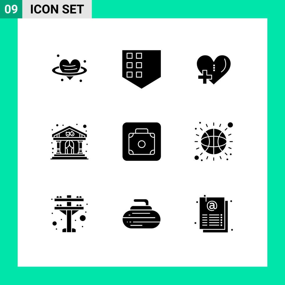 Modern Set of 9 Solid Glyphs and symbols such as luggage baggage love building show Editable Vector Design Elements