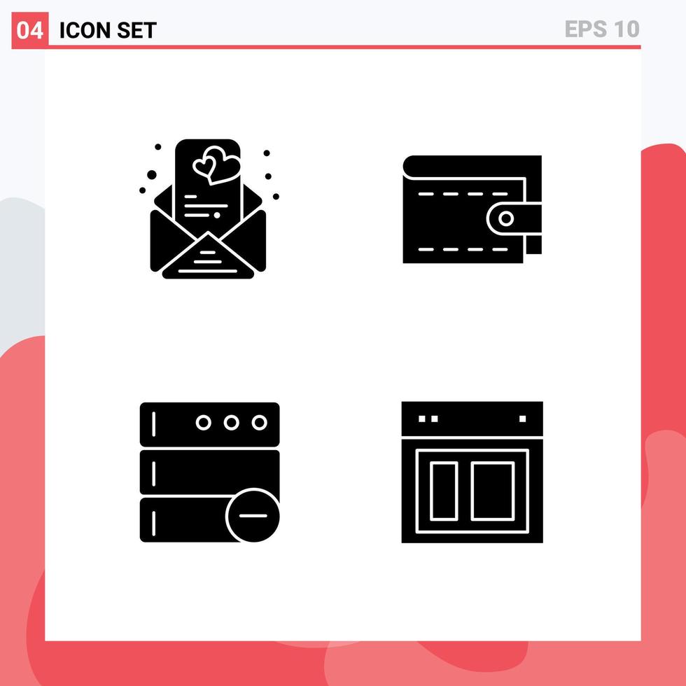 4 Solid Glyph concept for Websites Mobile and Apps love design cash database site Editable Vector Design Elements