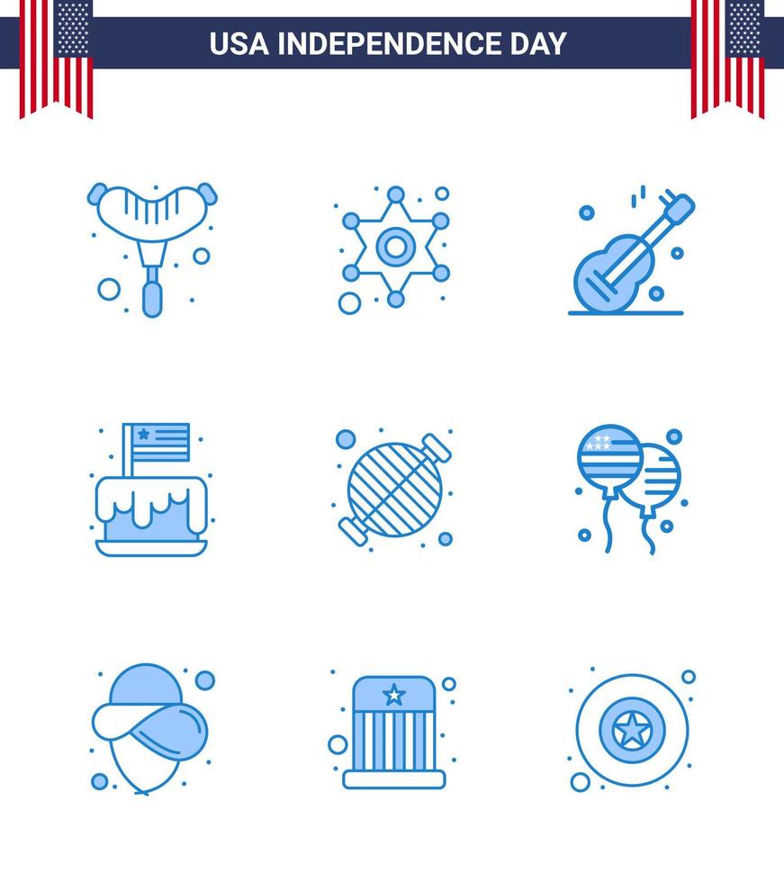 Happy Independence Day 4th July Set of 9 Blues American Pictograph of barbecue usa music party cake Editable USA Day Vector Design Elements
