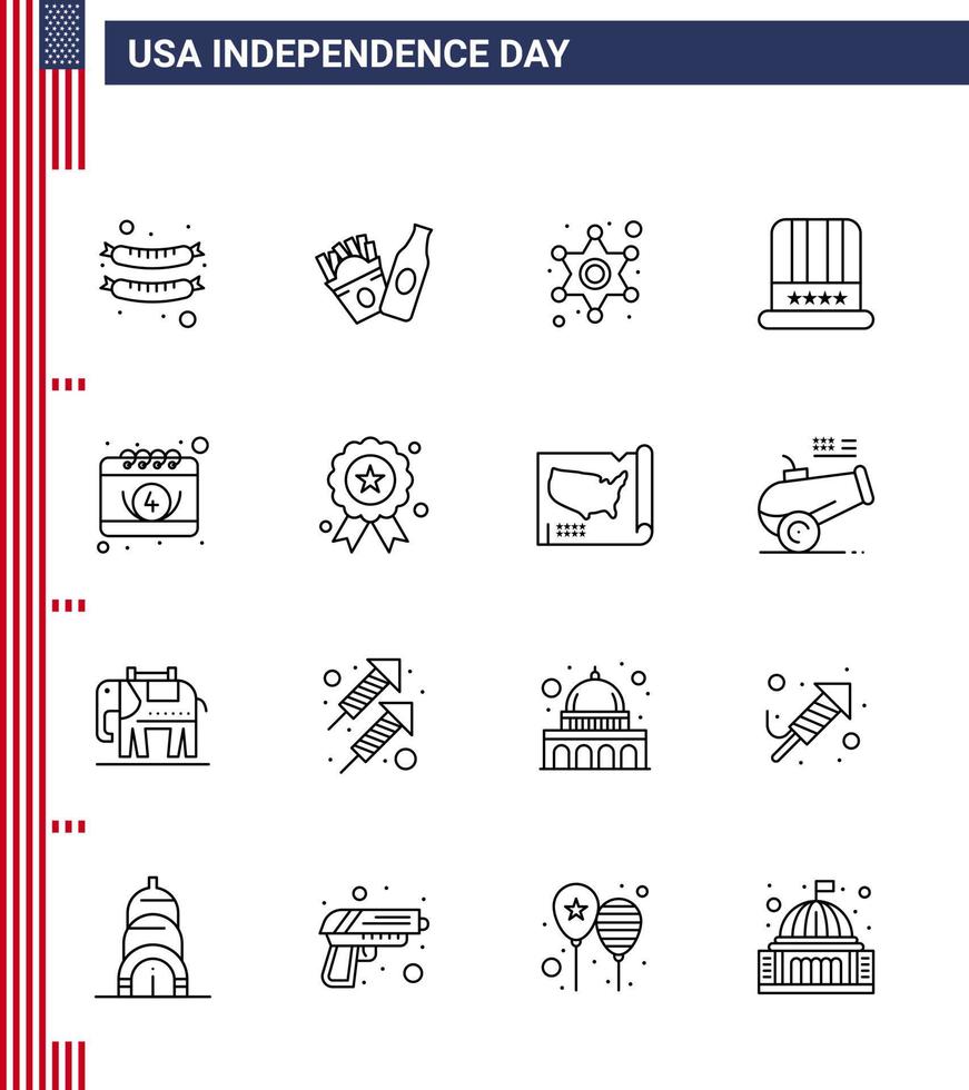 Pack of 16 creative USA Independence Day related Lines of day calendar star american american Editable USA Day Vector Design Elements