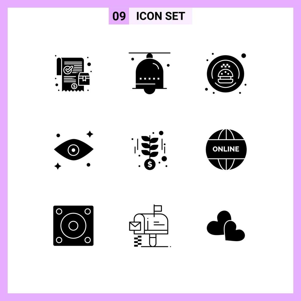 9 Thematic Vector Solid Glyphs and Editable Symbols of investment watching ring eyes transport Editable Vector Design Elements