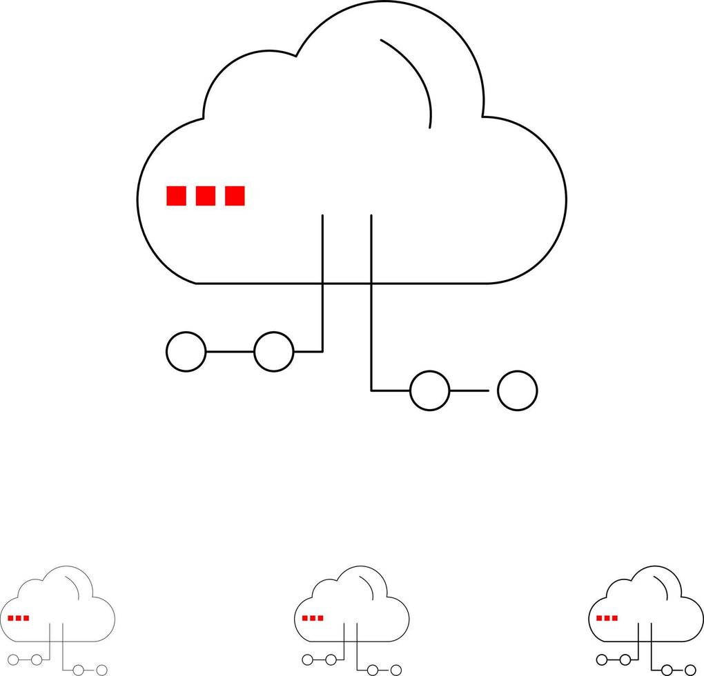 conjunto de iconos de línea negra en negrita y delgada de red informática compartida en la nube vector