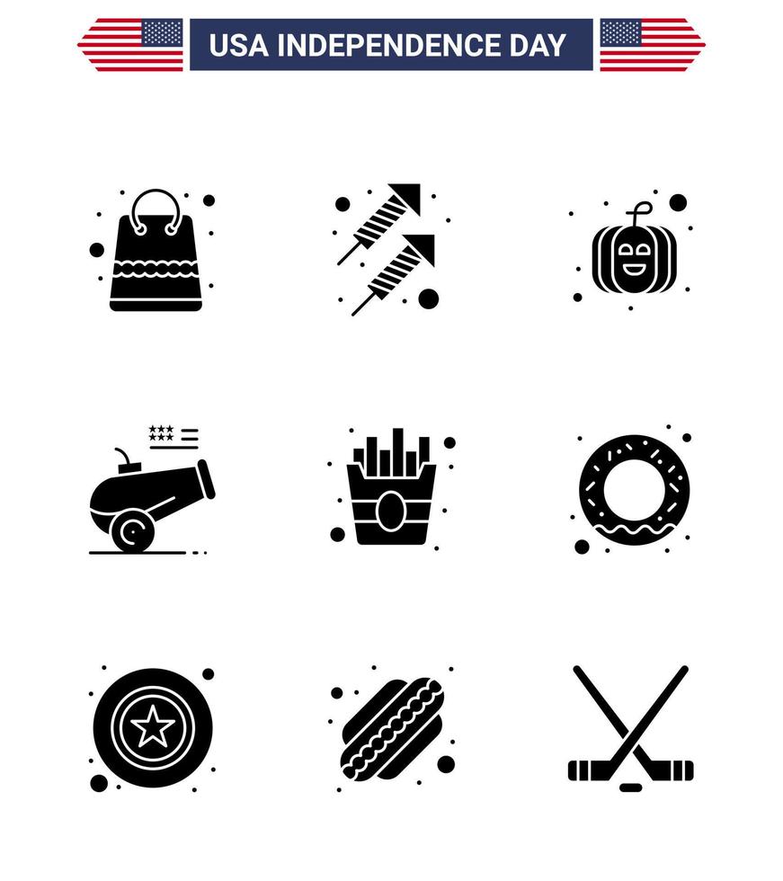 Happy Independence Day USA Pack of 9 Creative Solid Glyphs of fries fast american mortar cannon Editable USA Day Vector Design Elements