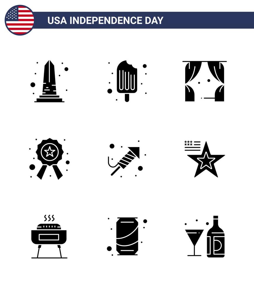 Modern Set of 9 Solid Glyphs and symbols on USA Independence Day such as fire work star ice cream police usa Editable USA Day Vector Design Elements