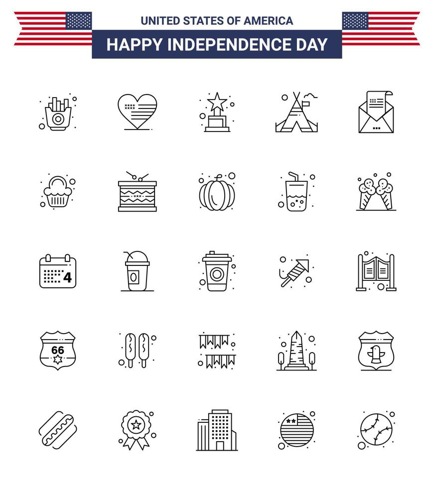 Set of 25 Modern Lines pack on USA Independence Day greeting email achievement american tent Editable USA Day Vector Design Elements