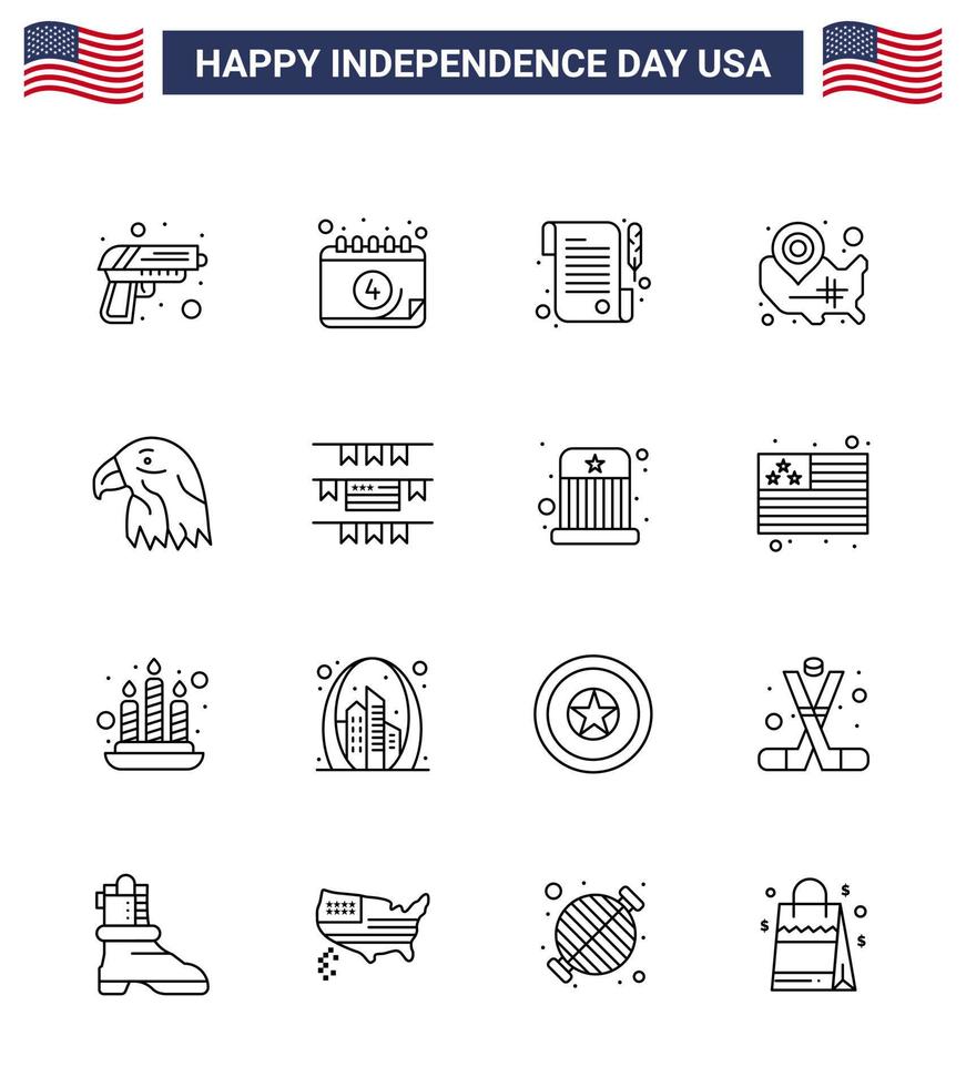 Pack of 16 USA Independence Day Celebration Lines Signs and 4th July Symbols such as bird location pin paper wisconsin states Editable USA Day Vector Design Elements