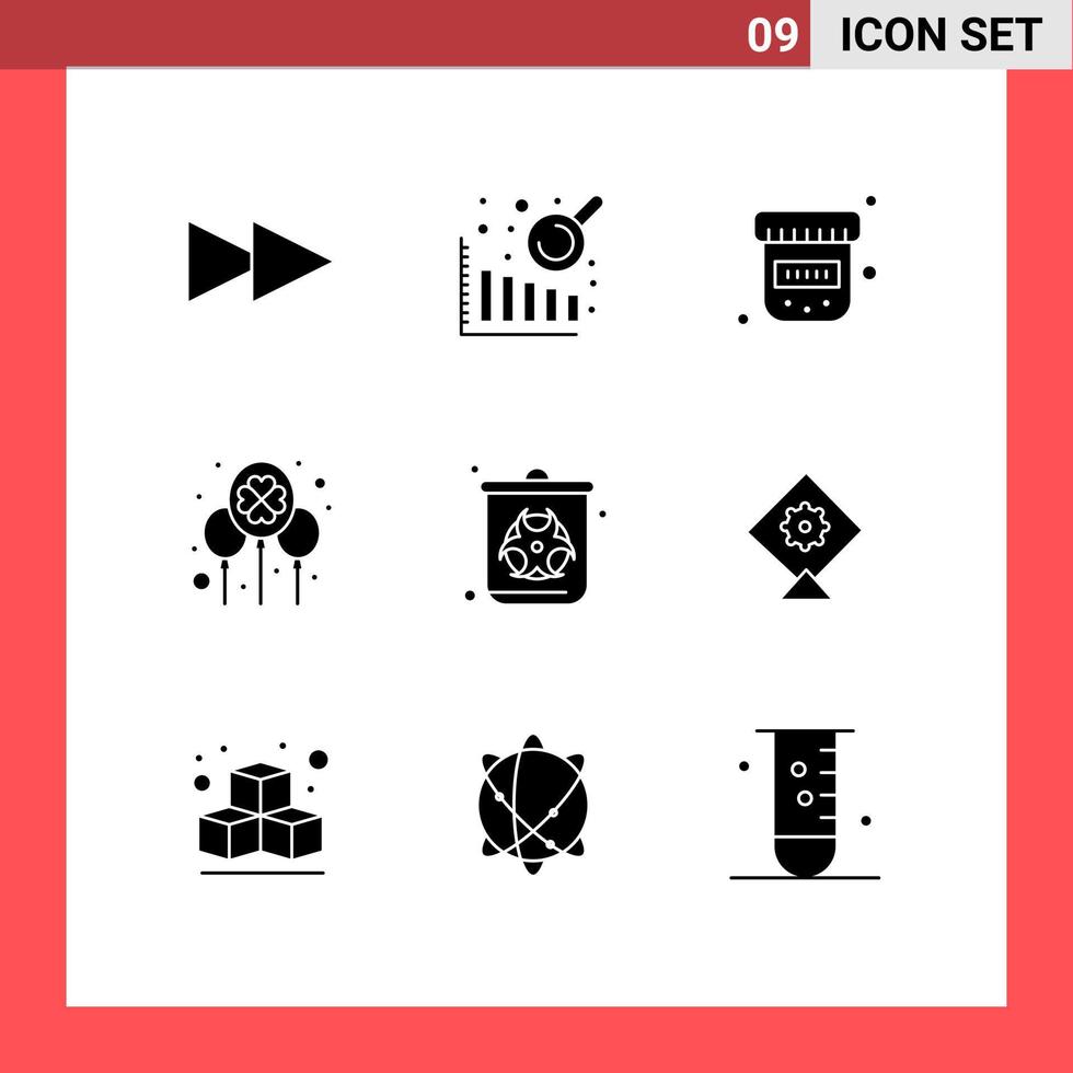 Set of 9 Vector Solid Glyphs on Grid for festival waste celebrate pollution bin Editable Vector Design Elements