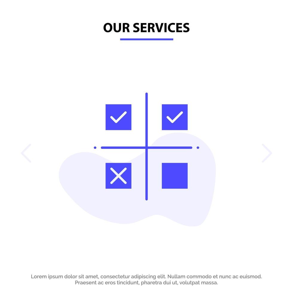 Our Services Business Management Priorities Product Production Solid Glyph Icon Web card Template vector