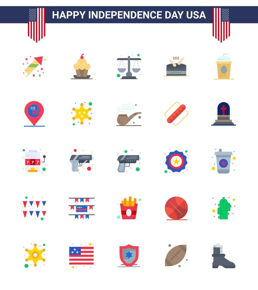 USA Happy Independence DayPictogram Set of 25 Simple Flats of cake music thanksgiving instrument scale Editable USA Day Vector Design Elements