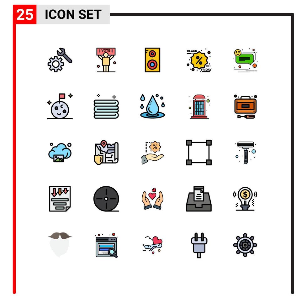 Pack of 25 Modern Filled line Flat Colors Signs and Symbols for Web Print Media such as smile bubble music class alert label Editable Vector Design Elements