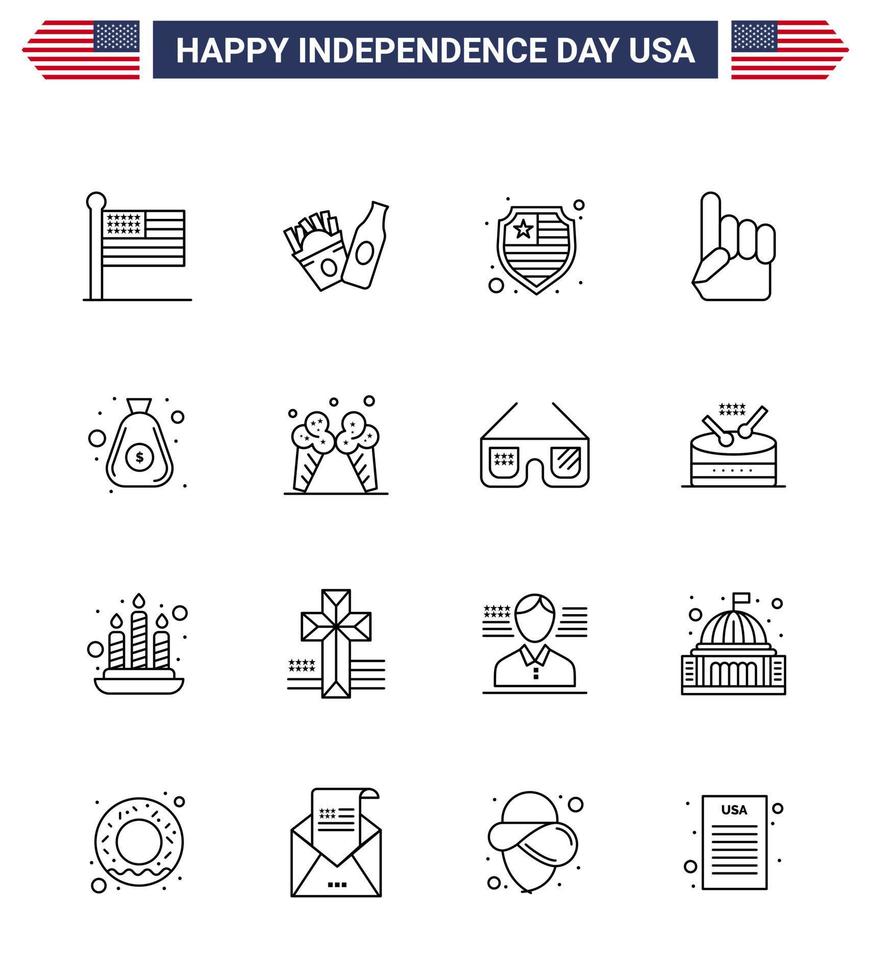 Pack of 16 USA Independence Day Celebration Lines Signs and 4th July Symbols such as cash money protection dollar usa Editable USA Day Vector Design Elements