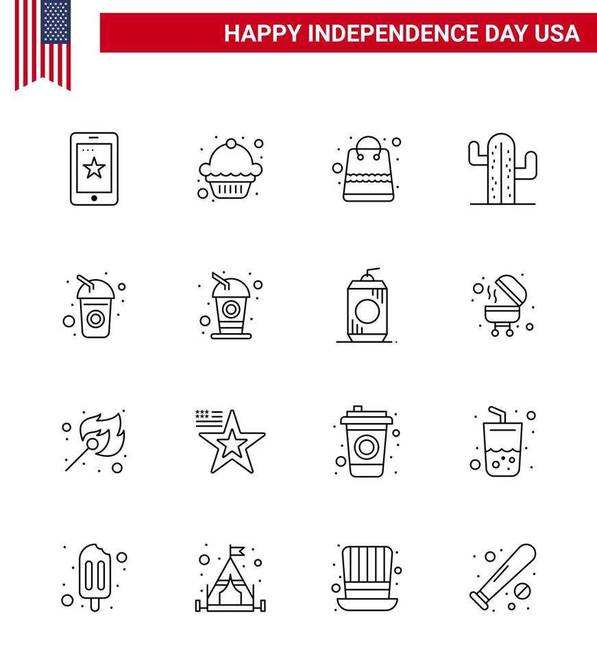 conjunto moderno de 16 líneas y símbolos en el día de la independencia de estados unidos, como el dinero de la botella de bebida, elementos de diseño vectorial editables del día de estados unidos en estados unidos vector