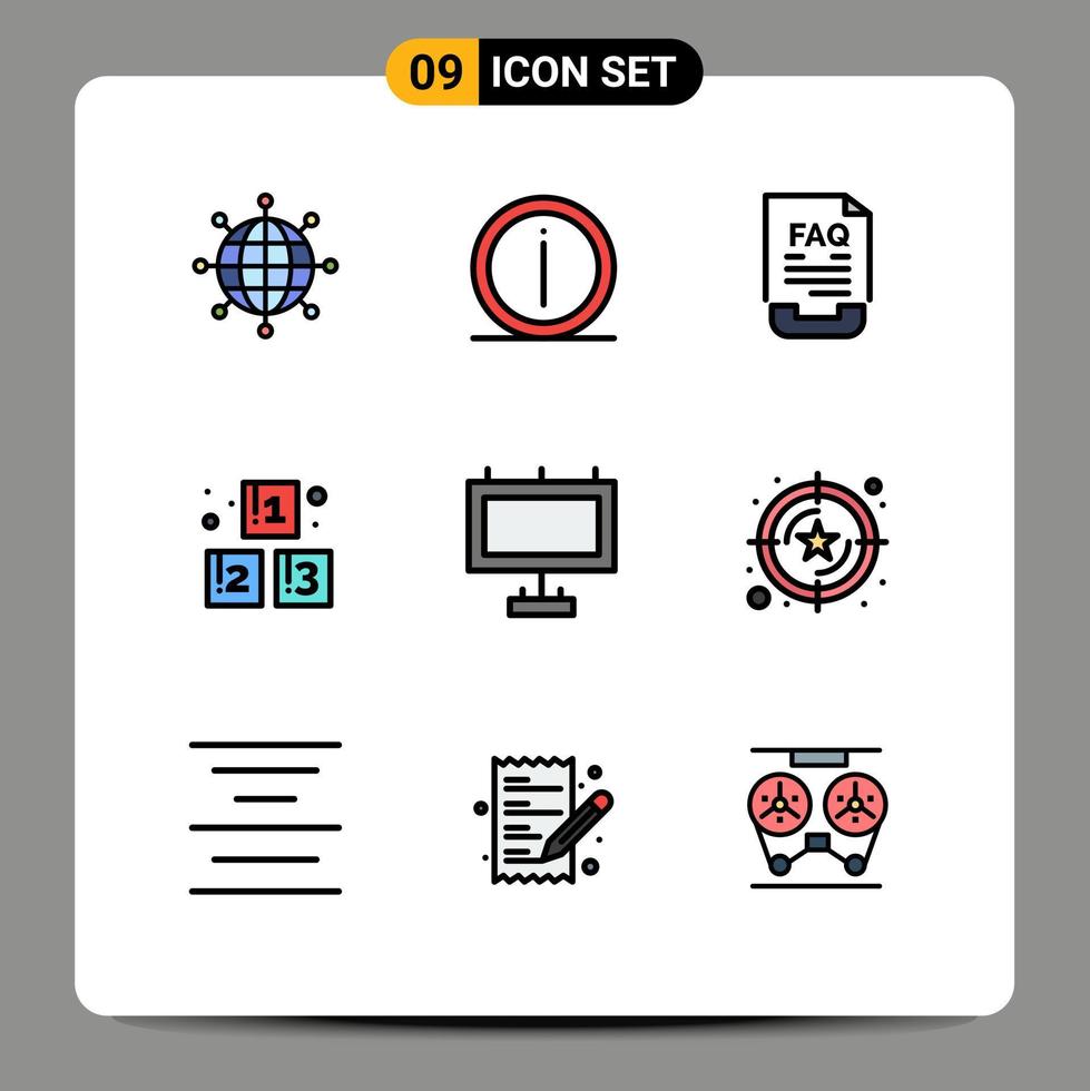 Mobile Interface Filledline Flat Color Set of 9 Pictograms of school blocks information abc help Editable Vector Design Elements