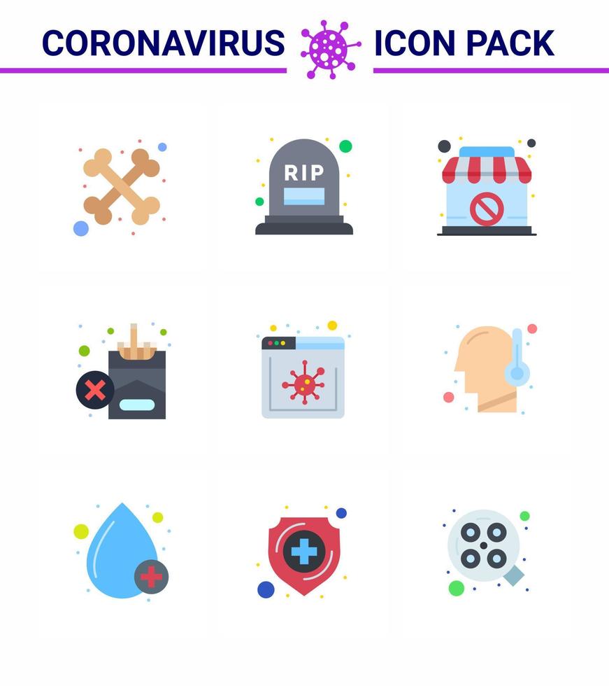 9 Flat Color Corona Virus pandemic vector illustrations website browser shop cigarette no viral coronavirus 2019nov disease Vector Design Elements