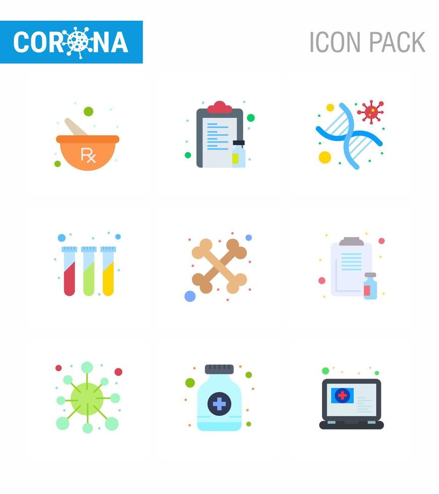 Covid19 Protection CoronaVirus Pendamic 9 Flat Color icon set such as test tubes lab paper experiment strand viral coronavirus 2019nov disease Vector Design Elements