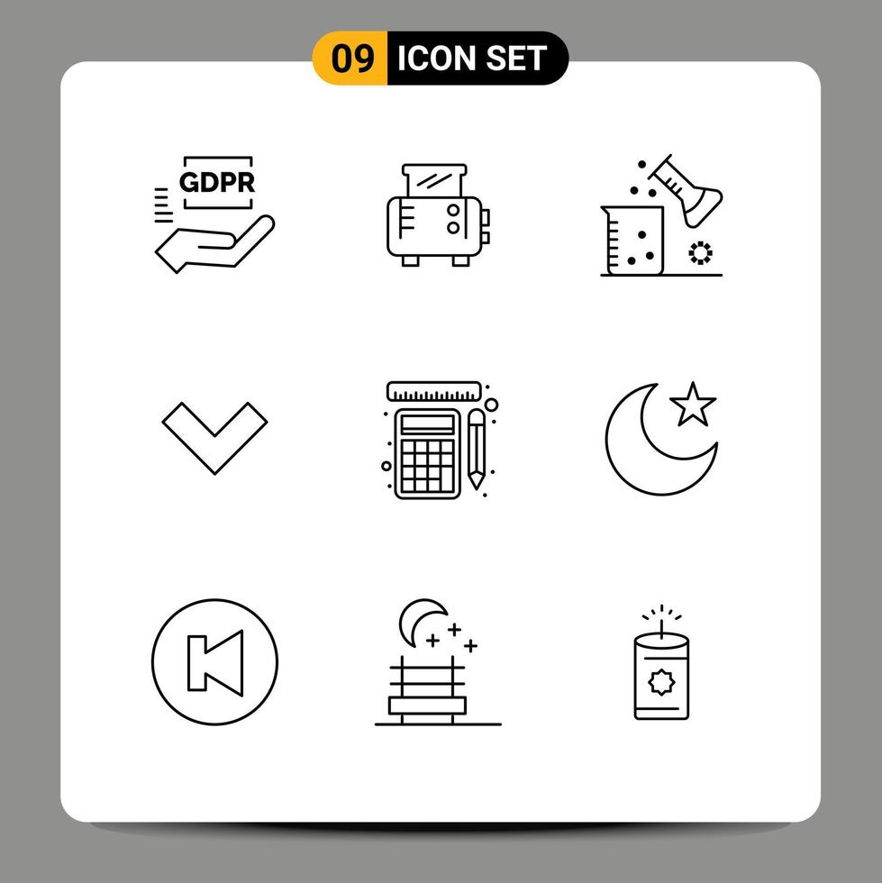 9 User Interface Outline Pack of modern Signs and Symbols of rulers measurement chemistry back arrow Editable Vector Design Elements