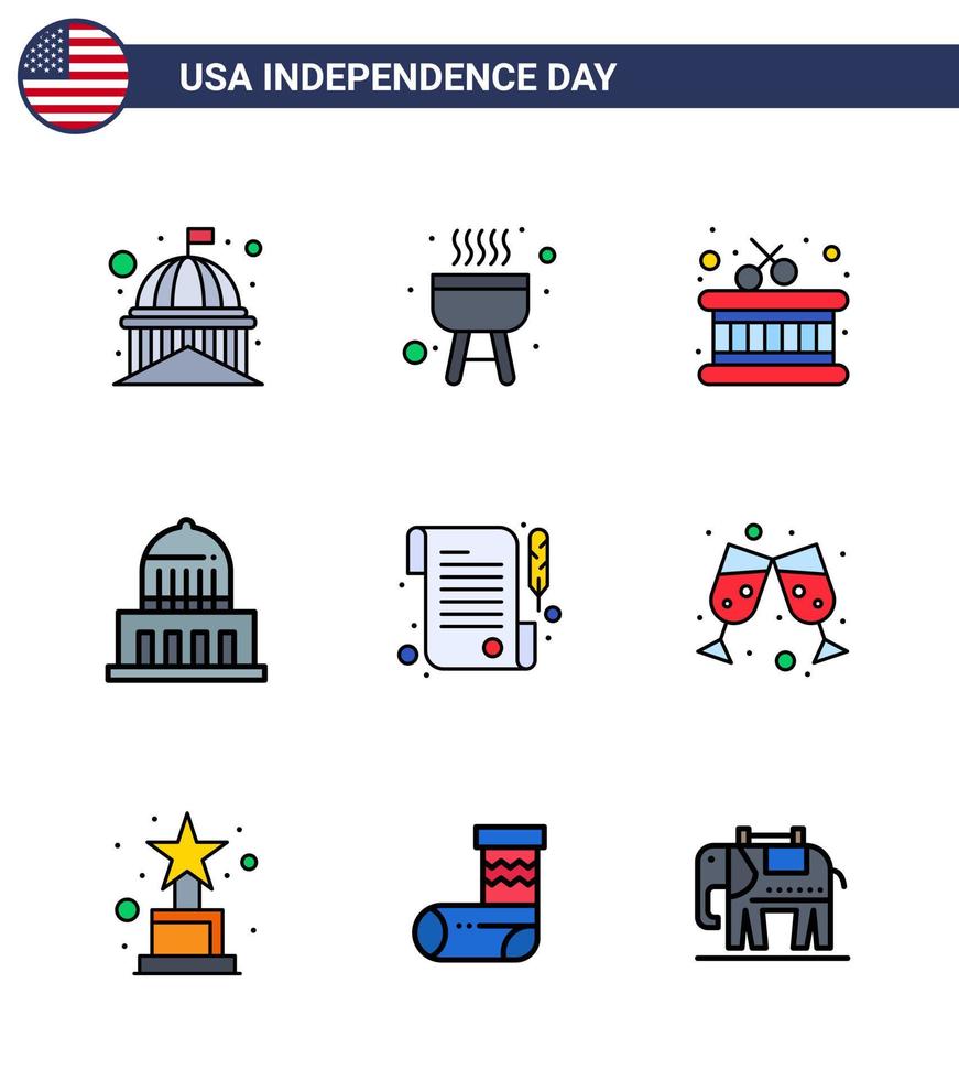 Flat Filled Line Pack of 9 USA Independence Day Symbols of day paper drum usa city Editable USA Day Vector Design Elements