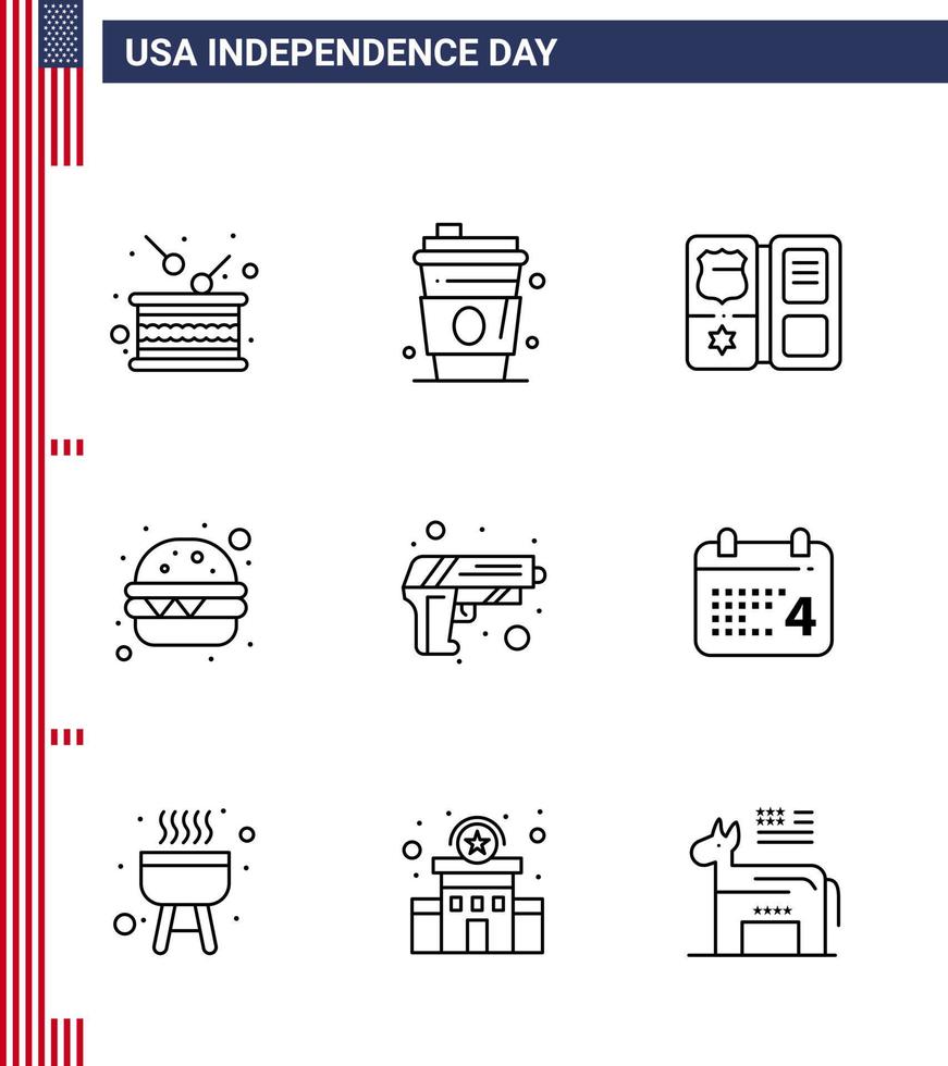 4th July USA Happy Independence Day Icon Symbols Group of 9 Modern Lines of security meal usa fast food star Editable USA Day Vector Design Elements