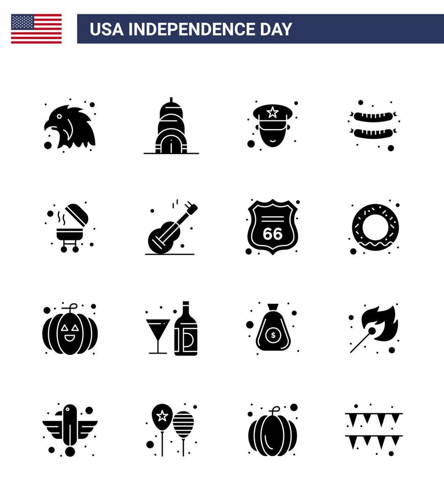 Modern Set of 16 Solid Glyphs and symbols on USA Independence Day such as usa guiter police grill barbecue Editable USA Day Vector Design Elements