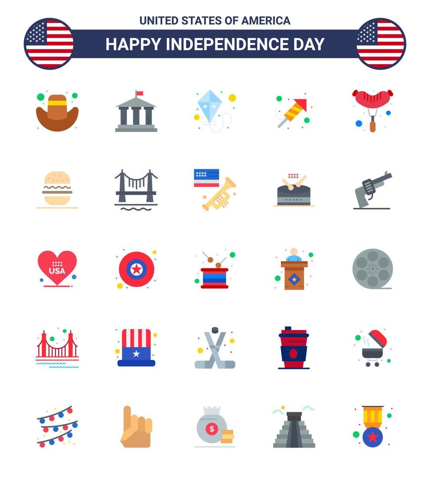 Set of 25 Vector Flats on 4th July USA Independence Day such as burger frankfurter summer food festival Editable USA Day Vector Design Elements