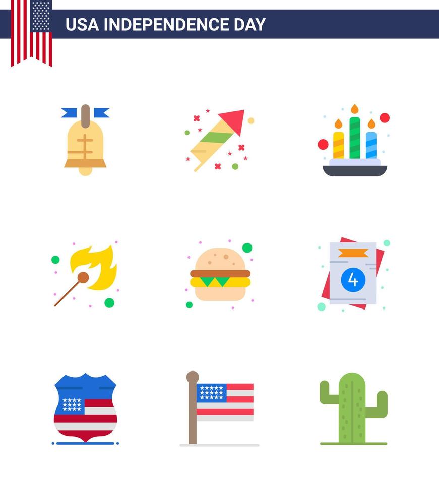 USA Independence Day Flat Set of 9 USA Pictograms of meal burger candle outdoor fire Editable USA Day Vector Design Elements