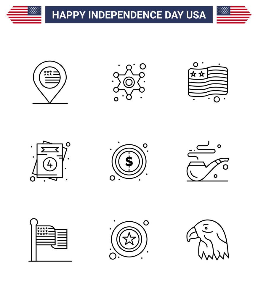 Group of 9 Lines Set for Independence day of United States of America such as dollar usa country wedding love Editable USA Day Vector Design Elements