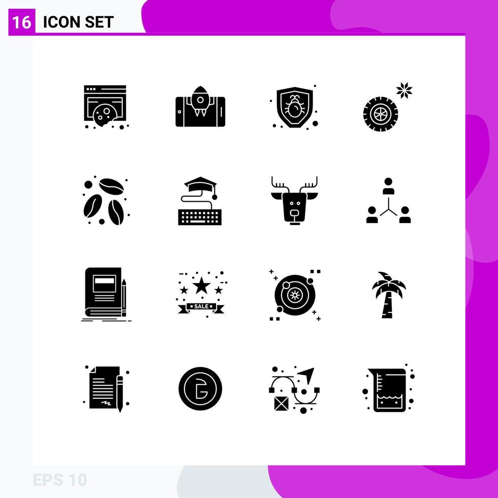 Universal Icon Symbols Group of 16 Modern Solid Glyphs of coffee bean caffeine start winter tires Editable Vector Design Elements