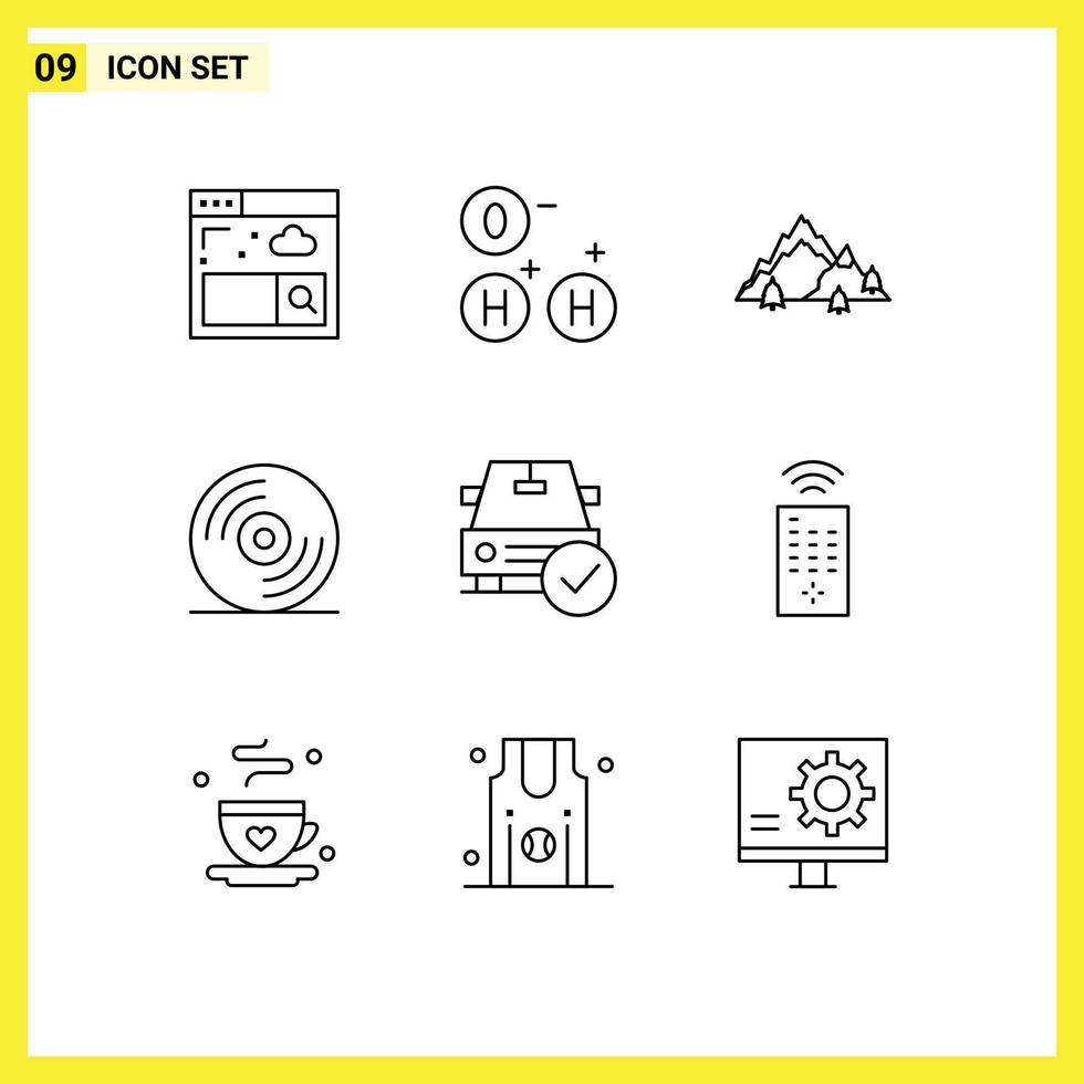 Group of 9 Modern Outlines Set for done checked hill car media Editable Vector Design Elements