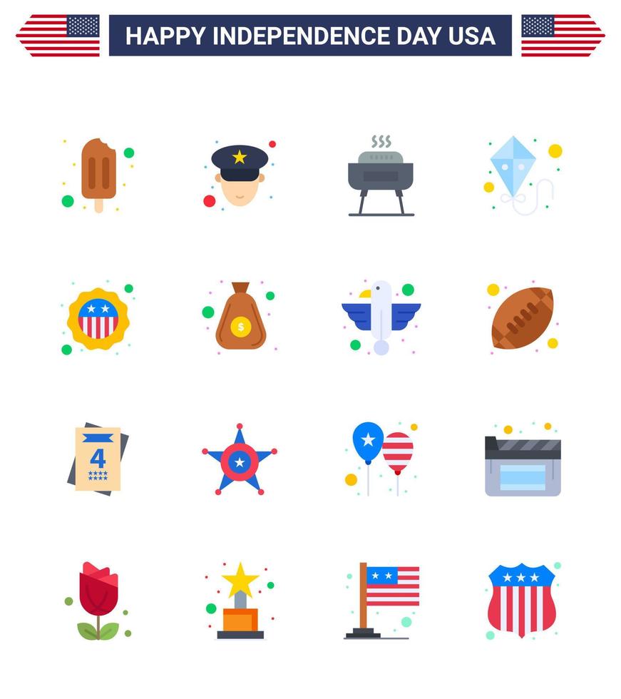 paquete de iconos de vector de stock de día americano 16 signos y símbolos de línea para seguridad de fiesta de insignia de dólar volando elementos de diseño de vector de día de estados unidos editables