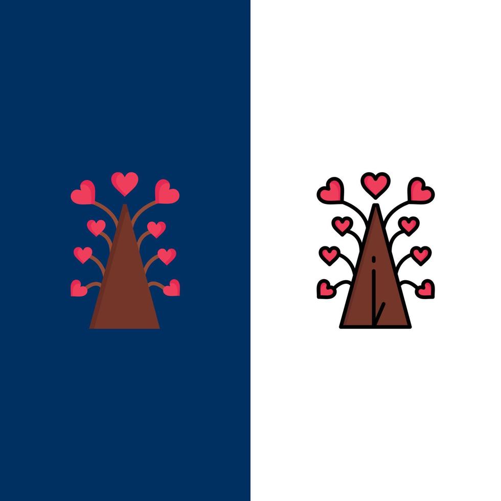 amor árbol corazón san valentín día de san valentín iconos planos y llenos de línea conjunto de iconos vector fondo azul