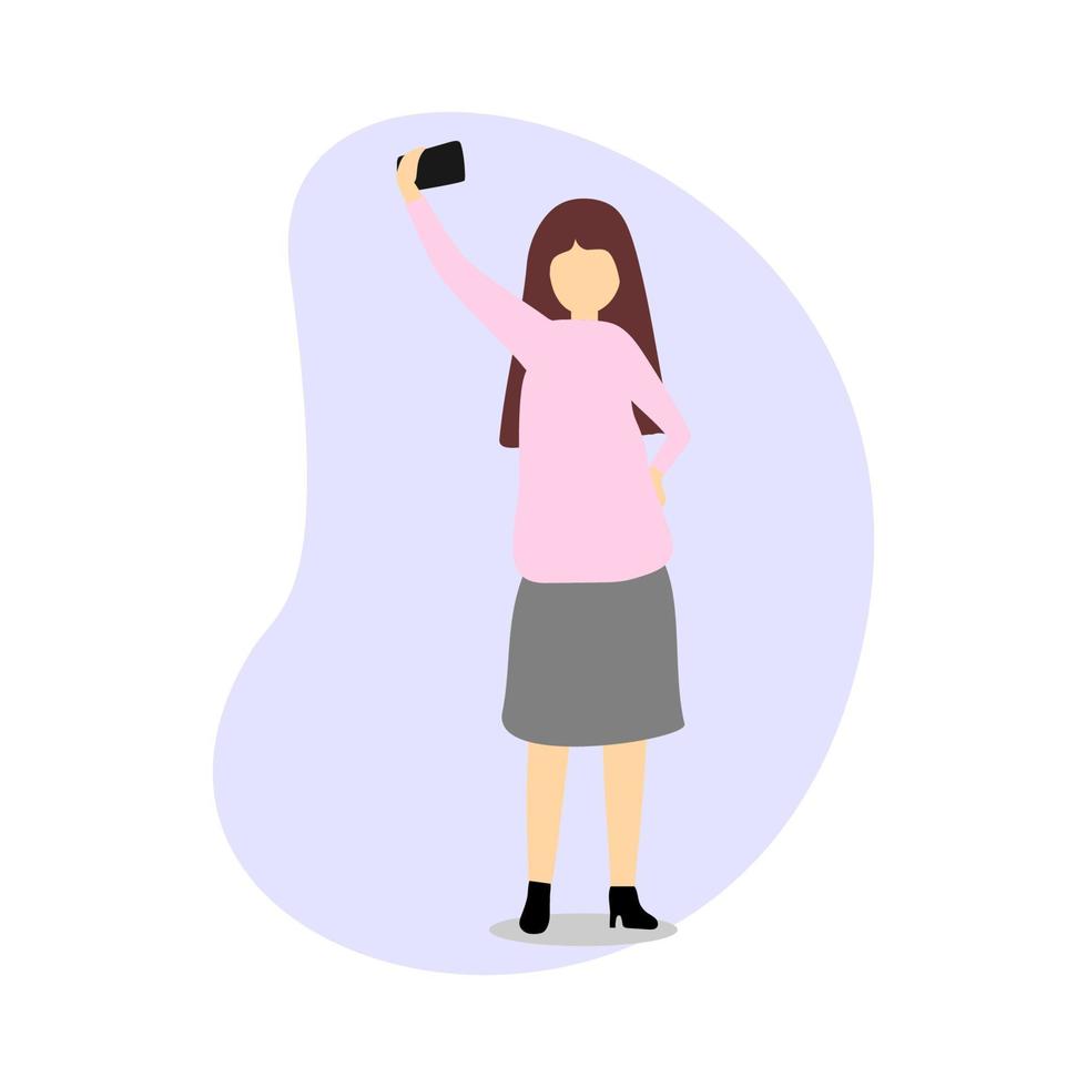 diseño de ilustración vectorial de una mujer de pie sosteniendo un teléfono inteligente y tomando un selfie vector