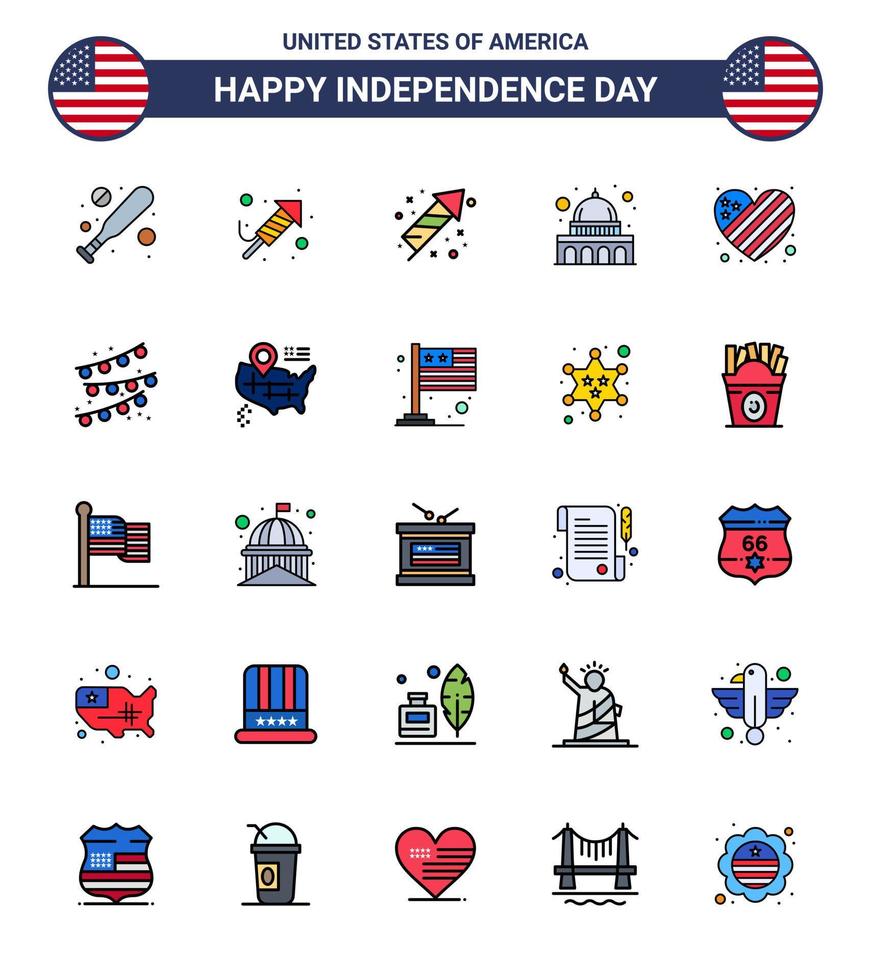 25 paquete de líneas planas llenas de estados unidos de signos y símbolos del día de la independencia del corazón festividad americana wisconsin madison elementos de diseño vectorial editables del día de estados unidos vector