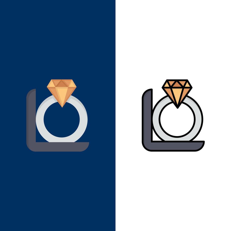 anillo diamante caja de regalo iconos plano y línea llena conjunto de iconos vector fondo azul