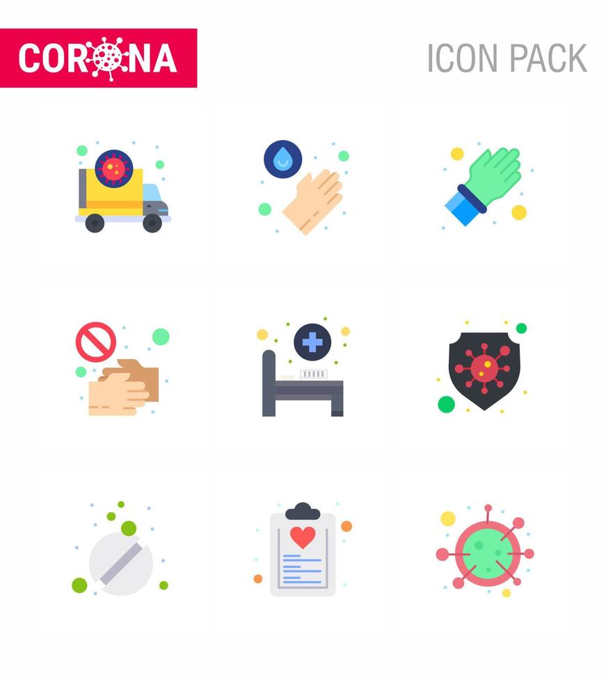 Coronavirus Prevention Set Icons 9 Flat Color icon such as touch pandemic glove no covid viral coronavirus 2019nov disease Vector Design Elements