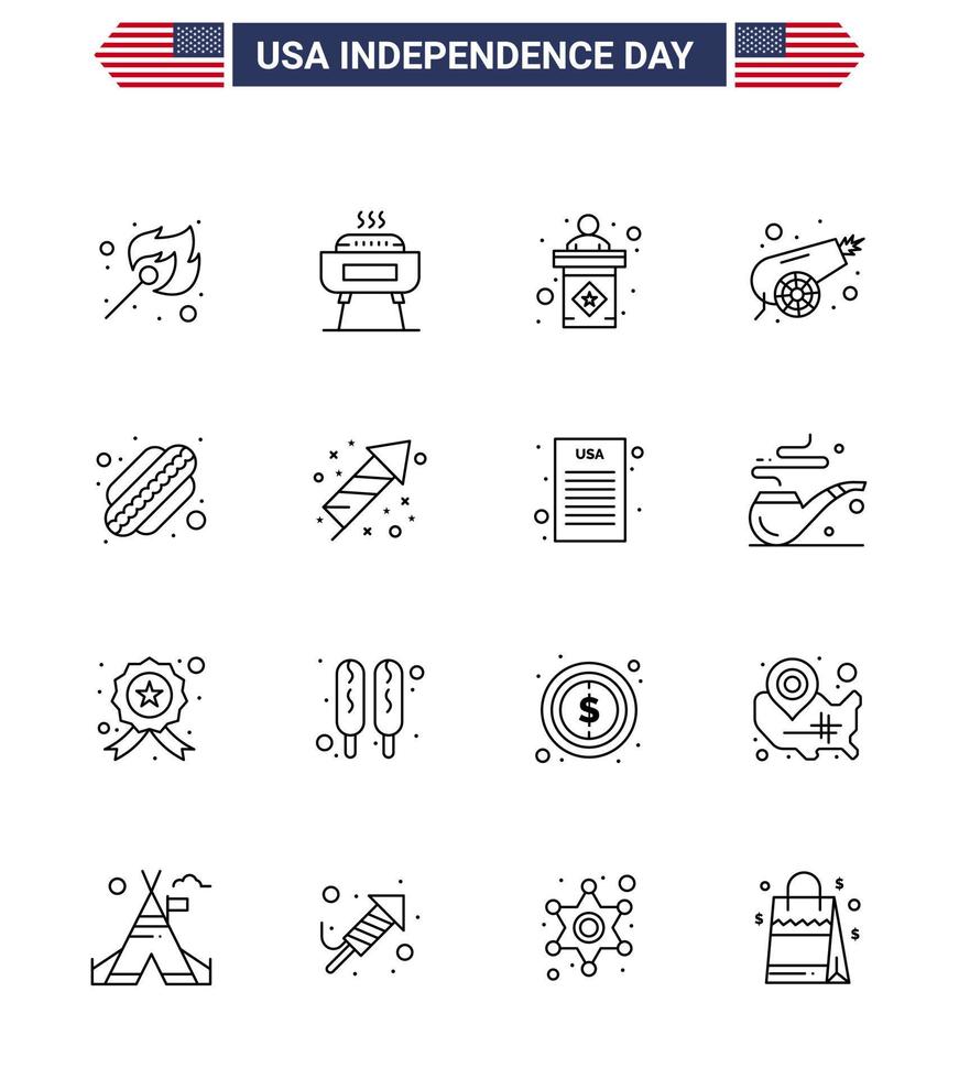 Pack of 16 creative USA Independence Day related Lines of hotdog weapon usa war army Editable USA Day Vector Design Elements