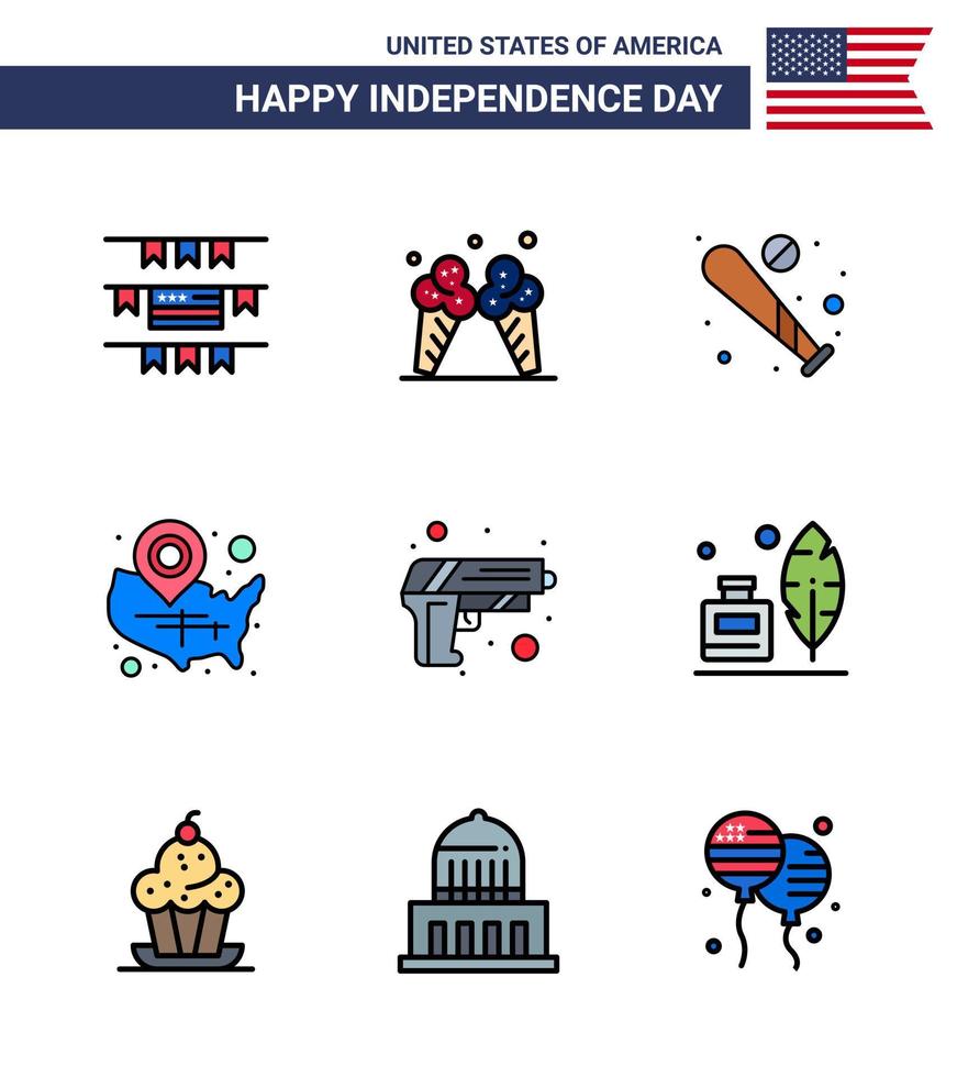 conjunto de 9 líneas planas llenas modernas paquete en el día de la independencia de estados unidos arma wisconsin béisbol mapa de estados unidos elementos de diseño de vector de día de estados unidos editables