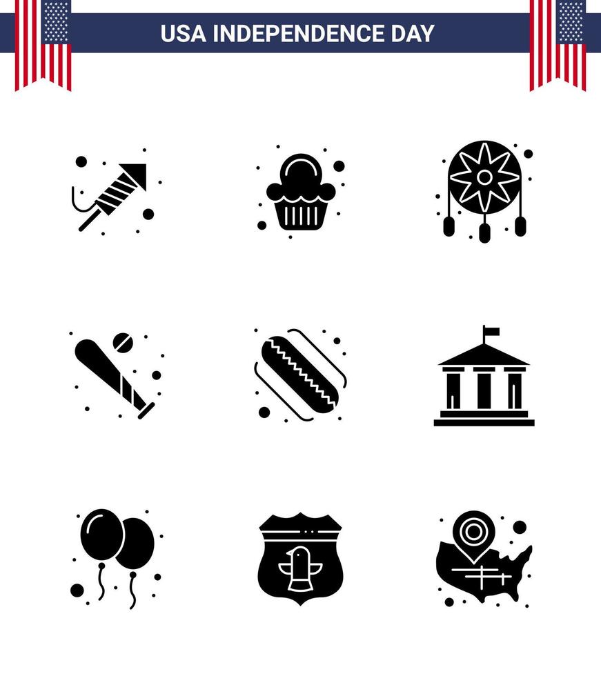 Big Pack of 9 USA Happy Independence Day USA Vector Solid Glyphs and Editable Symbols of american sports adornment bat ball Editable USA Day Vector Design Elements