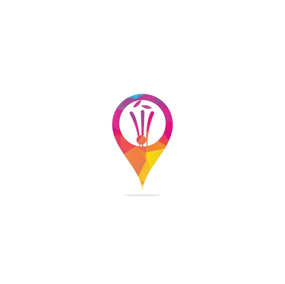 wickets de cricket y logotipo de concepto de forma de pin de mapa de bola. logotipo de wicket y fianzas, signo de equipo. logotipo del campeonato de críquet. Ilustración de vector de emblema de deporte moderno. logotipo de grillo