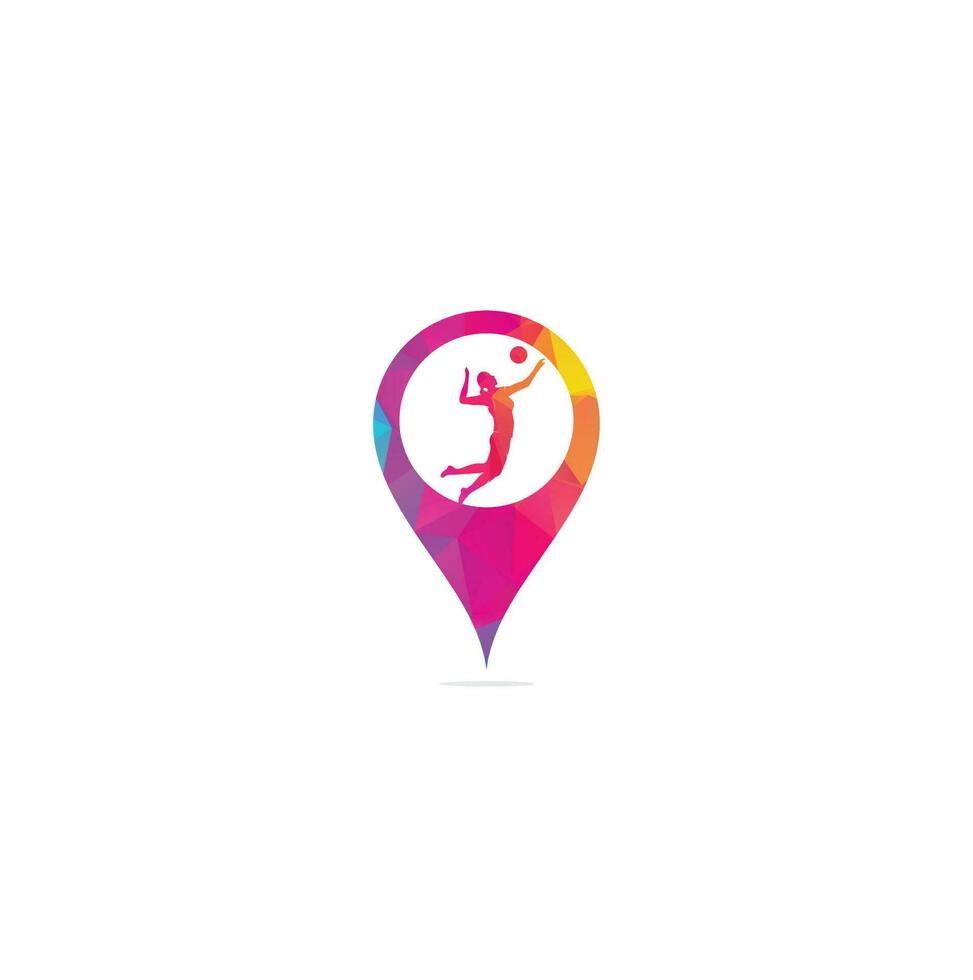 female volleyball player map pin shape concept logo.Abstract volleyball player jumping from a splash. Volleyball player serving ball. vector
