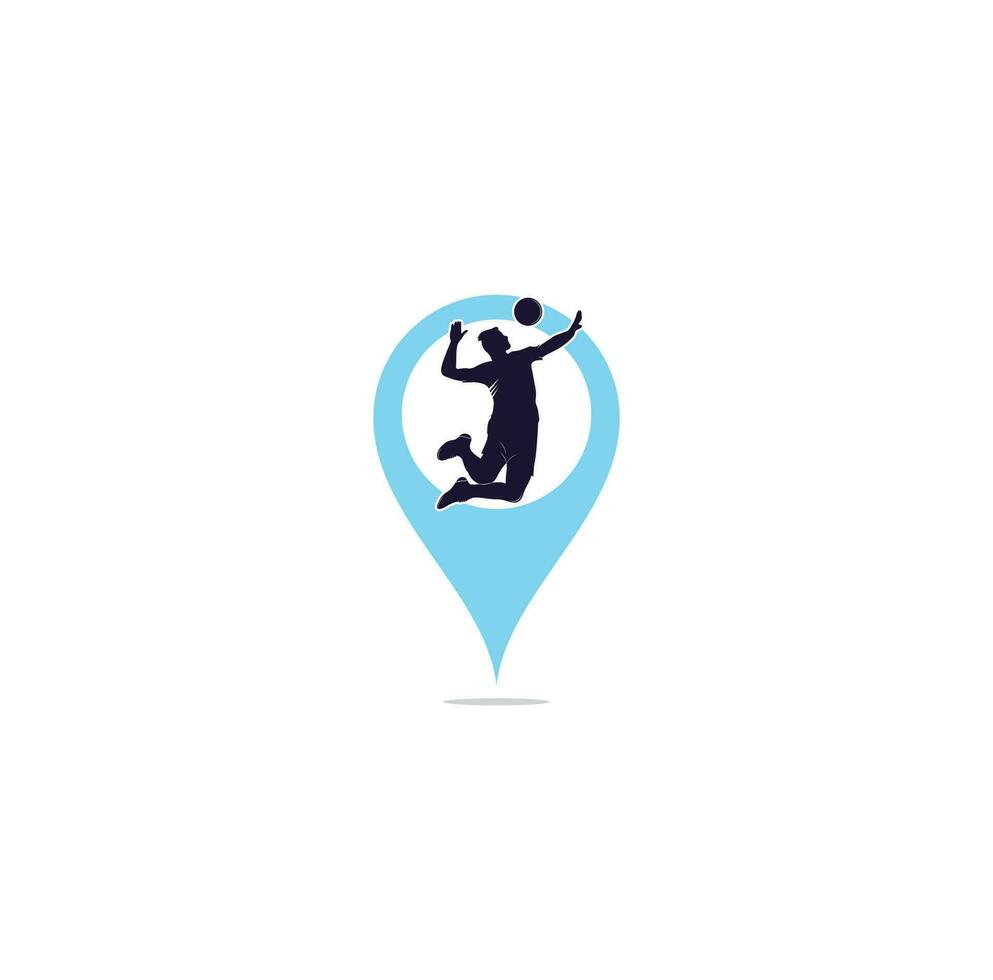 Volleyball player map pin shape concept logo. Abstract volleyball player jumping from a splash. Volleyball player serving ball. vector