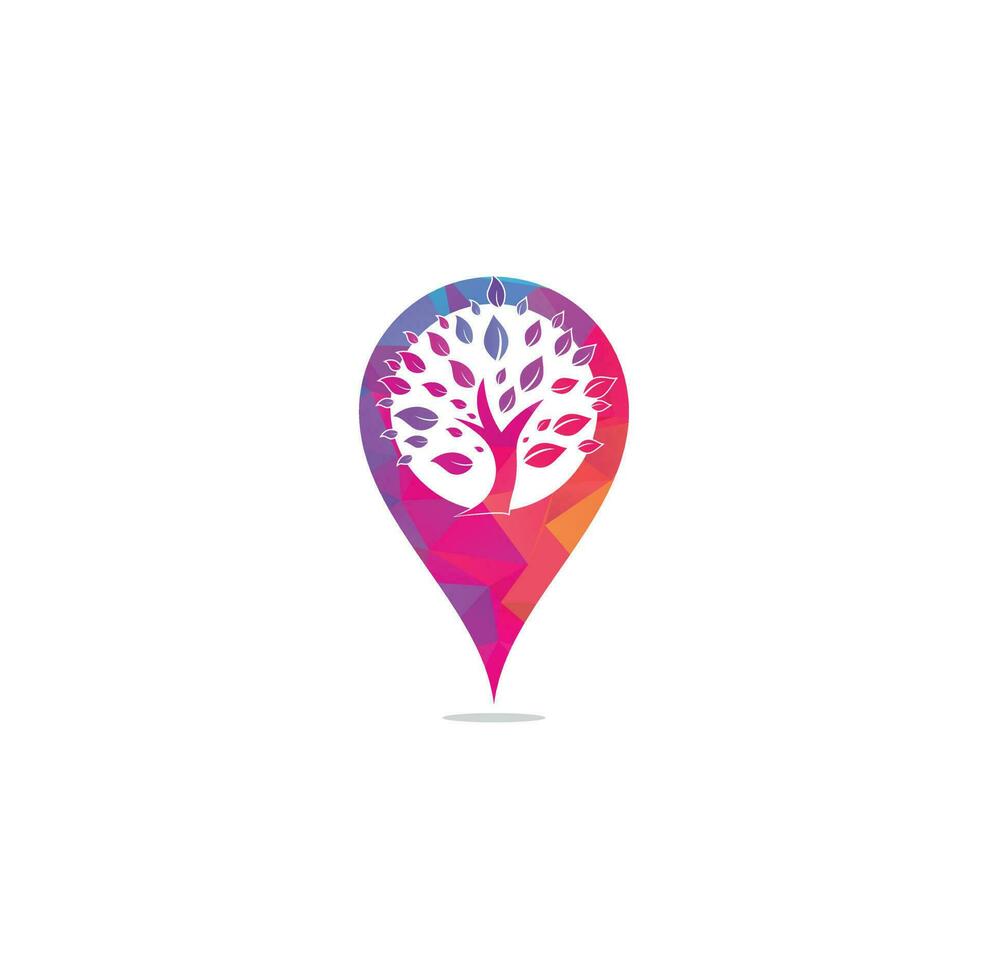 Green tree map pin shape concept logo design. Abstract organic element vector design. Ecology Happy life Logotype concept icon. Tree logo design