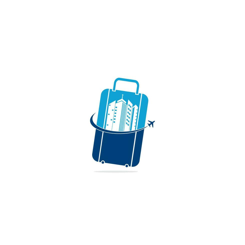 logotipo de viaje, vacaciones, turismo, diseño del logotipo de la empresa de viajes de negocios. vector de bolsa con avión. diseño de logotipo de agencia de viajes. diseño de logotipo de icono de viaje de oficina de edificio.