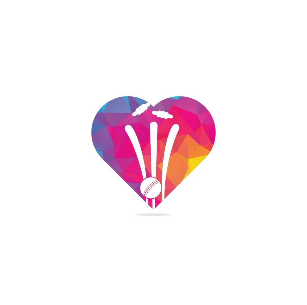 wickets de cricket y logotipo de concepto de forma de corazón de bola. logotipo de wicket y fianzas, signo de equipo. logotipo del campeonato de críquet. Ilustración de vector de emblema de deporte moderno. logotipo de grillo