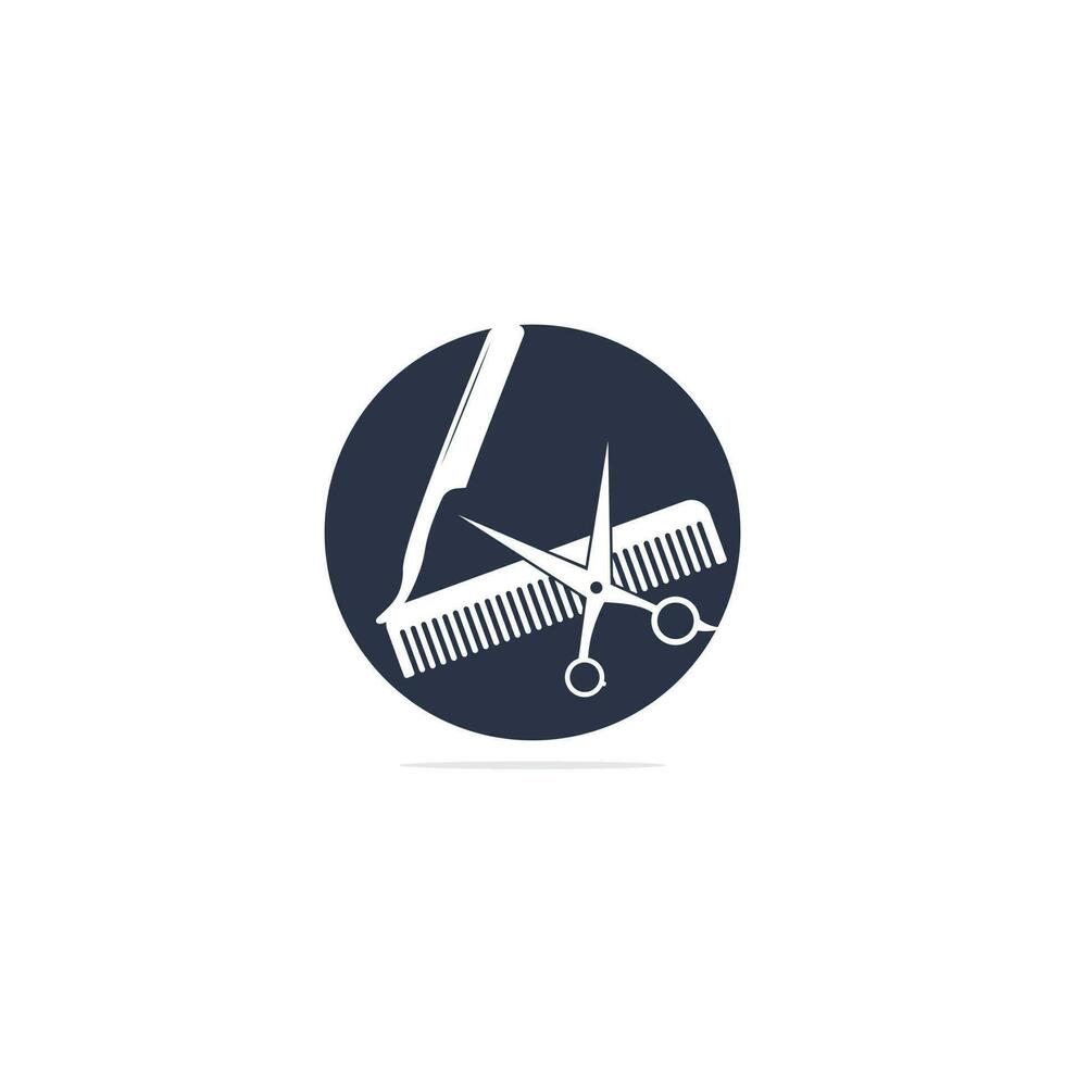 logo para barbería, peluquería. signo de logotipo de barbería de icono de tijeras. tijeras, peine y navaja, ícono de peluquero y logo. vector